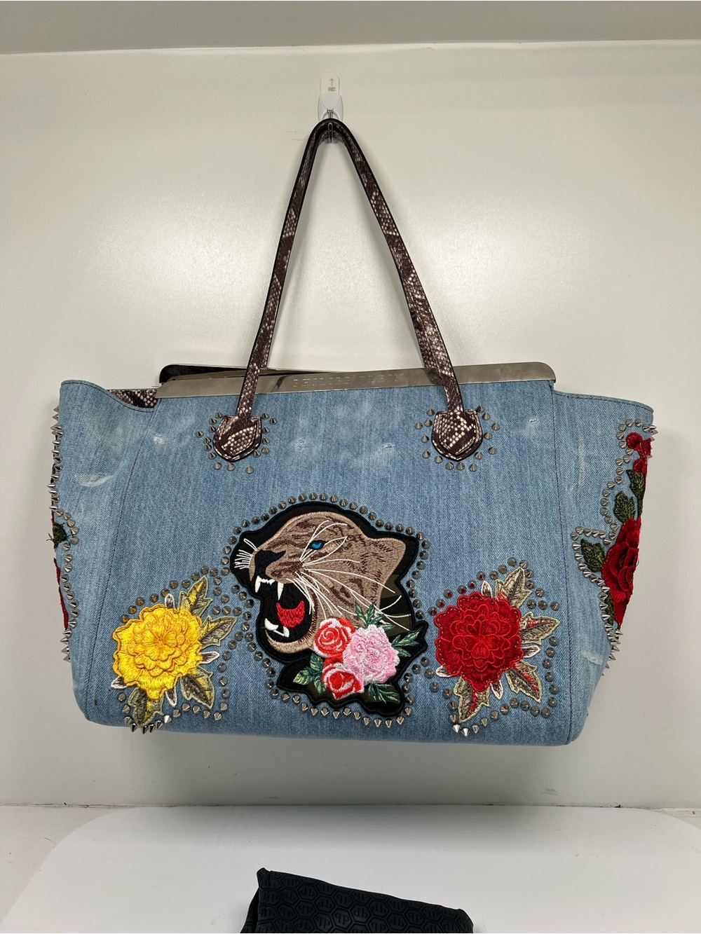 Philipp Plein Denim Tote Bag Tiger Floral Studded Embellished Blue